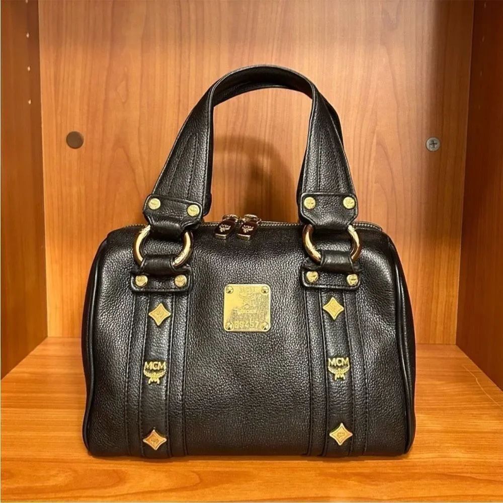 MCM Black Leather Satchel with Gold Details